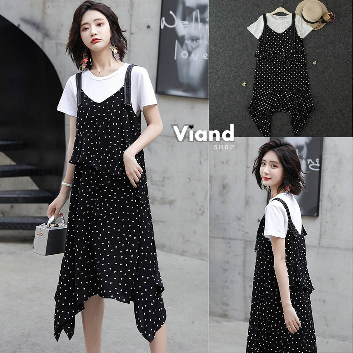 เสื้อคัตตัลตัวในใส่สบายเอี้ยมกระโปรงลายจุด