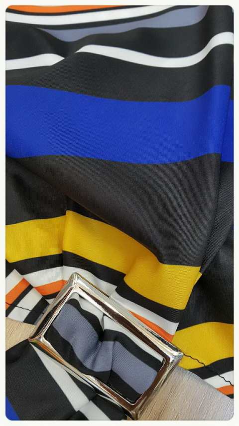 ผ้าดี พิมพ์ลายริ้วขวางสีน้ำเงินทั้งชุด ลายพิมพ์สวยเก๋