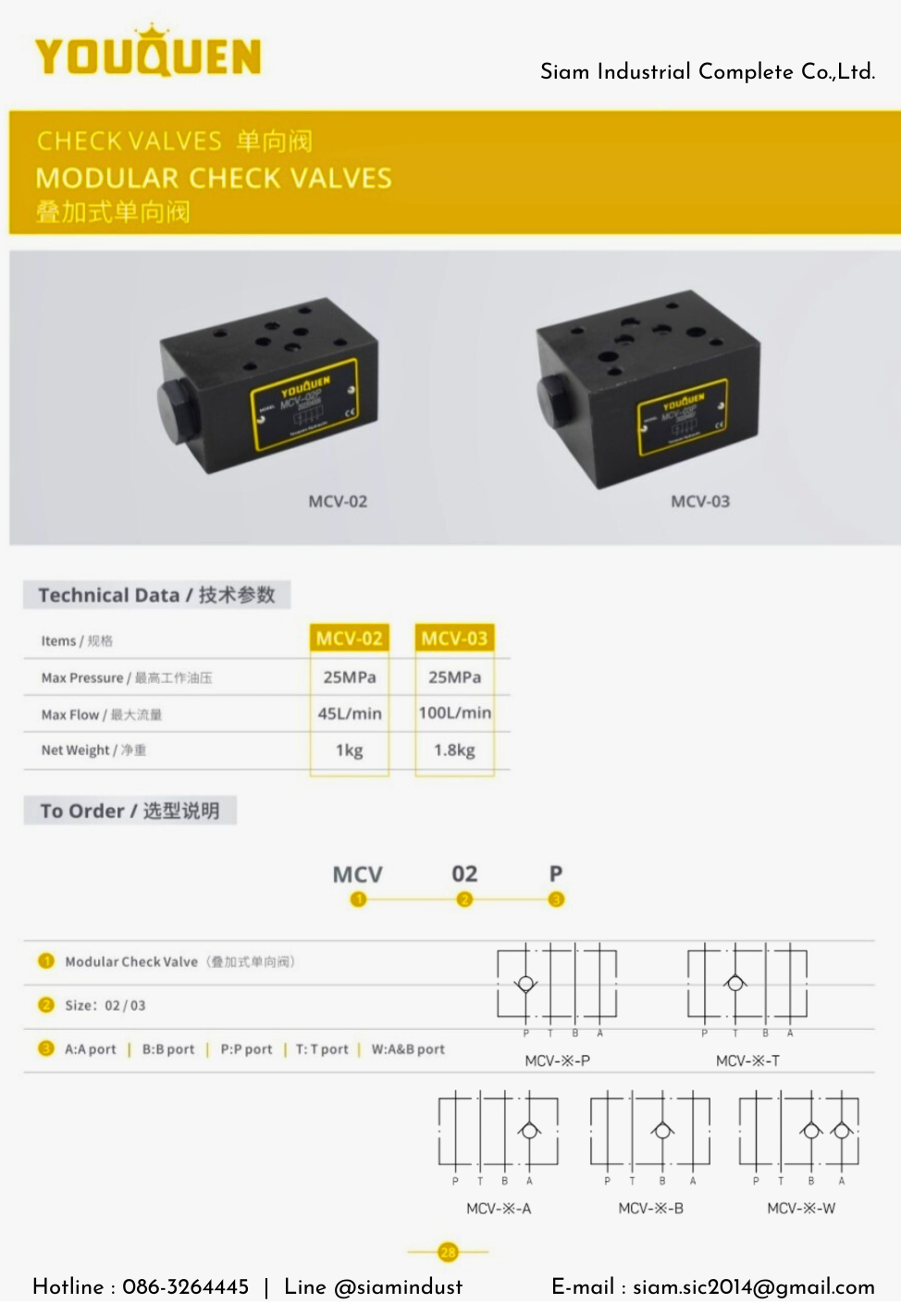 MCV-02P-05 : Modular Check Valve G02 วาล์วกันกลับ 1/4" แบบซ้อน YOUQUEN