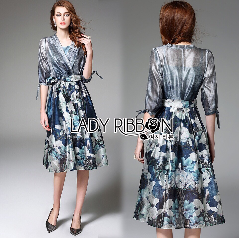Lady Ribbon ขายส่ง LR08260516 🎀 Lady Ribbon's Made 🎀 Lady Danielle Feminine Elegant Floral Printed Polyester Dress