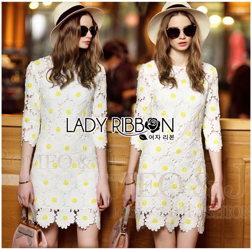 Ladyribbon Ladyribbon 's Made 🎀 Lady Diana Summery White and Yellow Daisy Embroidered Dress