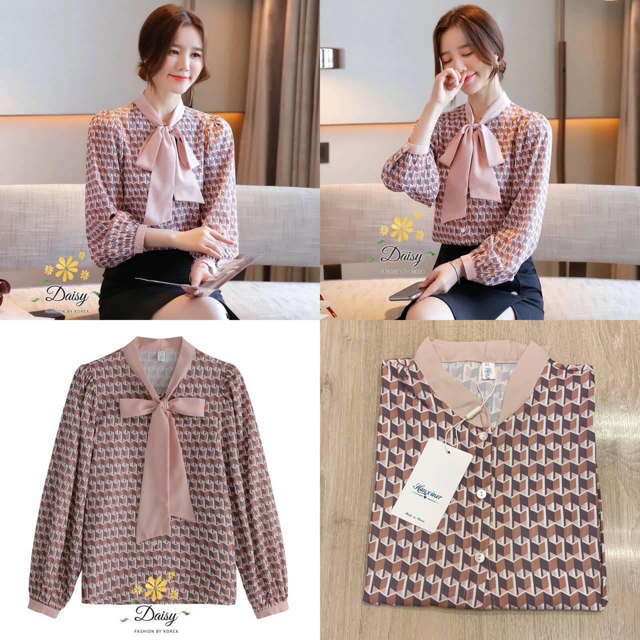 เสื้อแขนยาวคอโบว์ กระดุมหน้า