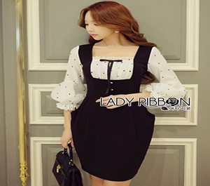 Lady Ribbon White Polkadot Dress เดรสเอี๊ยมสีขาว