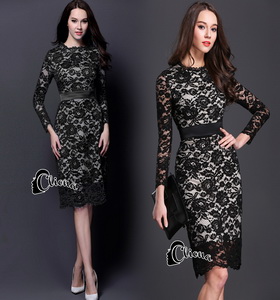 Cliona dress. ลูกไม้ดำซับสีเนื้อ แขนยาว
