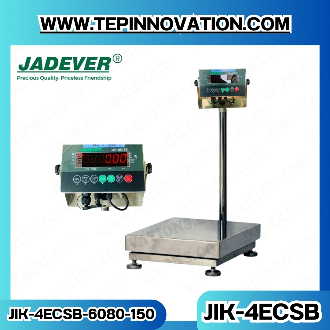 เครื่องชั้งน้ำหนักดิจิตอลกันน้ำตั้งพื้น พิกัดน้ำหนัก 150kg. ค่าความละเอียด10g. ขนาดแท่นชั่ง 60x80 cm. ยี่ห้อ JADEVER รุ่น รุ่น JIK-4ECSB