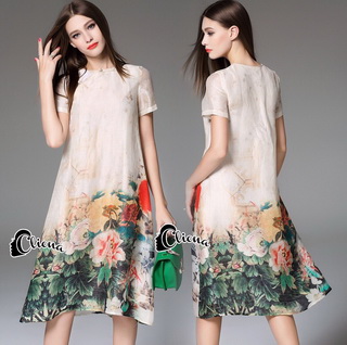 Lady Ribbon Online ขายส่งเสื้อผ้าออนไลน์ Cliona เสื้อผ้า CN03090816 Cliona Made' เดรสโทนสีครีม ปริ้นลายสวนกุหลาบ