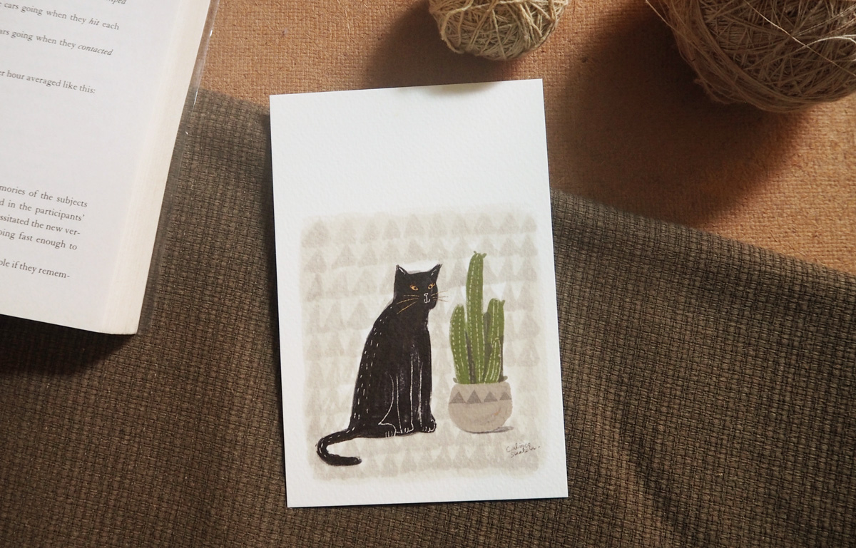 โปสการ์ด ลายแมวกระบองเพชร #1 Black Cat Cactus illustration postcard 4x6 inch