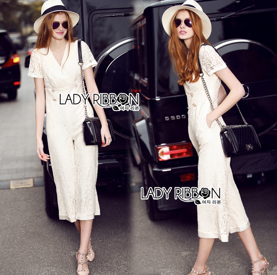 Lady Ribbon เสื้อผ้า LR07120516 🎀 Lady Ribbon's Made 🎀 Lady Kiera Smart Chic Lace Jumpsuit in White