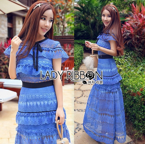 Midi Dress เดรสผ้าลูกไม้สีฟ้าตกแต่งโบว์