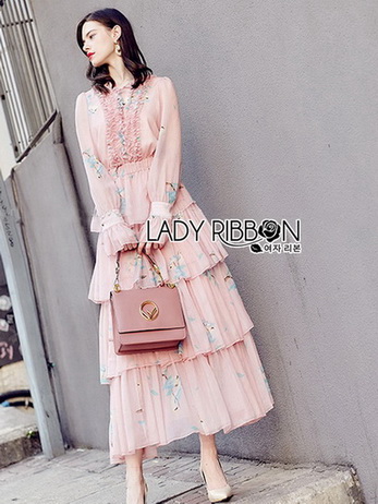 Lady Jill Printed Layered Pink Chiffon Dress
