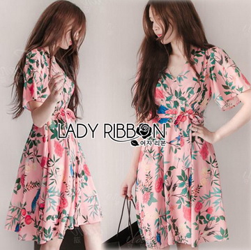 Lady Ribbon Online ขายส่ง เสื้อผ้าออนไลน์ ของแท้ ราคาถูกพร้อมส่ง เลดี้ริบบอน LR04140716 🎀 Lady Ribbon's Made 🎀 Gucci Sweet Natural Floral Printed Pink Dress