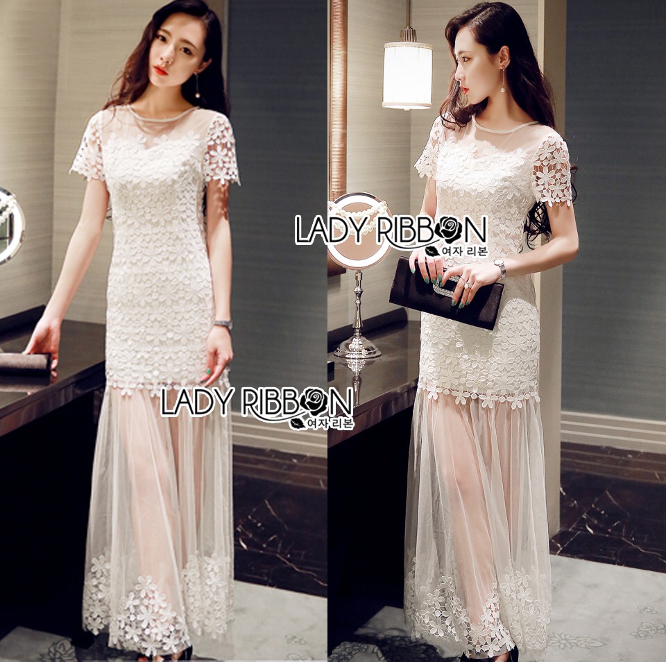 🎀 Lady Ribbon's Made 🎀 Elisa All that Flower Embroidered Tulle Evening Dress เดรสยาวปักประดับดอกไม้สีขาวทั้งตัวและตัดต่อผ้าโปร่ง ตัวนี้เหมาะกับเอาไว้ใส่ออกงาน