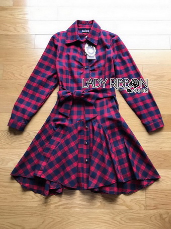 Red Tartan Ruffle Lady Ribbon Shirt Dress