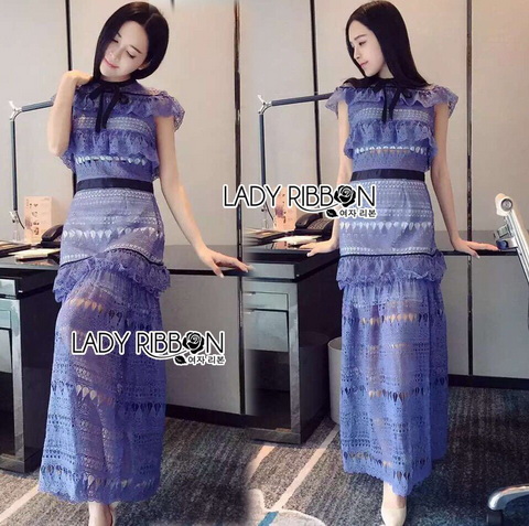 Midi Dress เดรสผ้าลูกไม้สีฟ้าตกแต่งโบว์