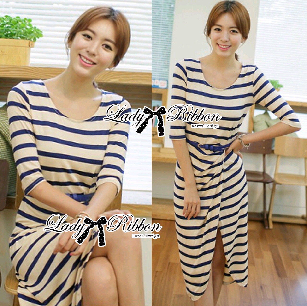 เสื้อผ้า Lady Ribbon dressMade 🎀 Jersey Stripe Slip Dress เดรสผ้ายืดลายขวาง เก๋ๆด้วยดีเทลกระโปรงไข้วทรงหน้าสั้นหลังยาว แอบเปรี้ยวเบาๆ Smart&Casual ลุคชิคๆแบบสาวเกาหลีค่ะ **งาน Premium Quality " ป้าย" Lady Ribbon