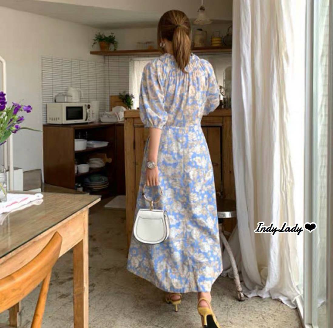 Maxi Dress แขนสั้น ลายดอกไม้