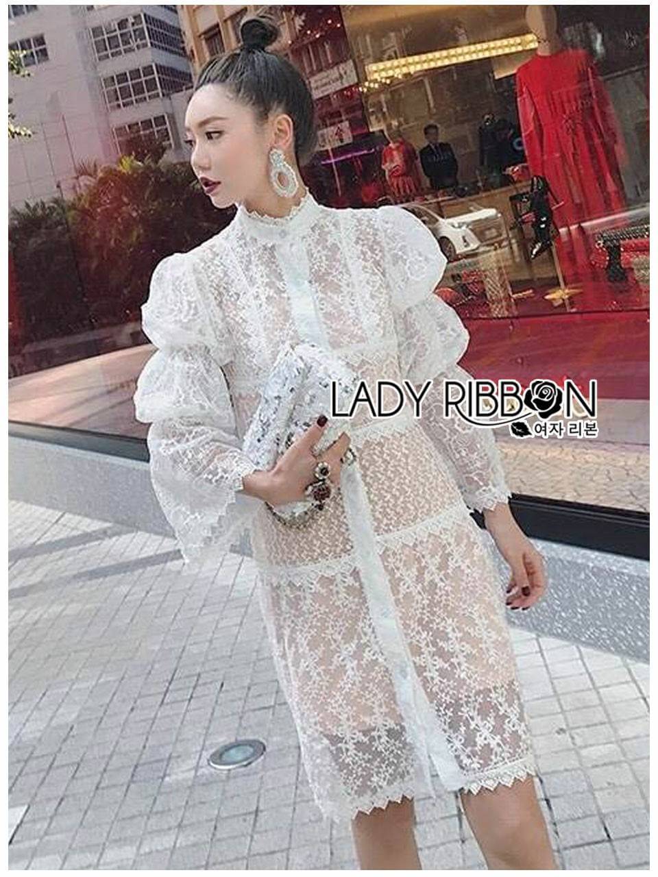 เชิ้ตเดรสผ้าลูกไม้สีขาวพร้อมซับในสีนู้ด