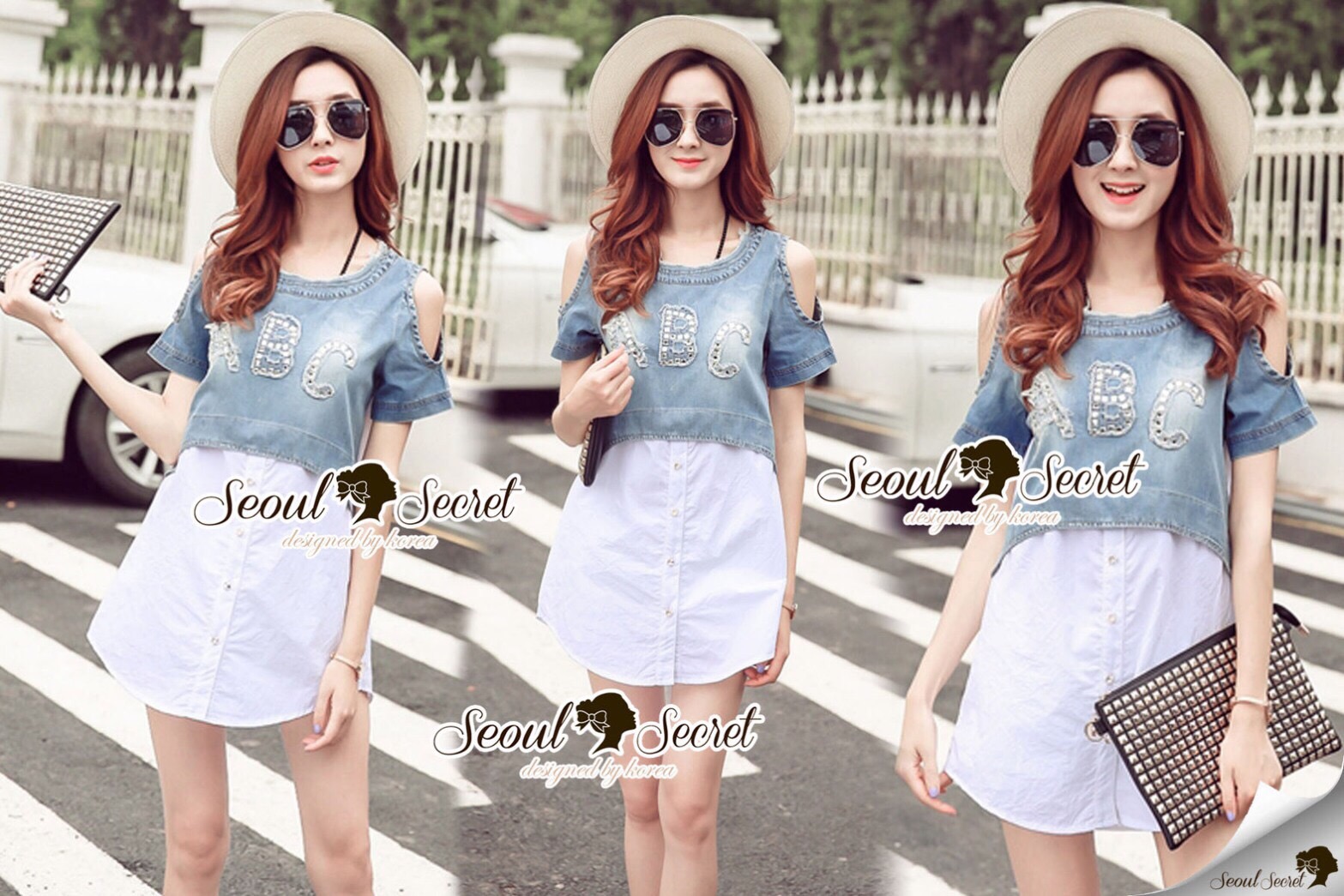 Lady Ribbon Online SS11020616 Seoul Secret Say's... Alphabetta Dimond OpenShoulder Denim Cotton Long Blouse