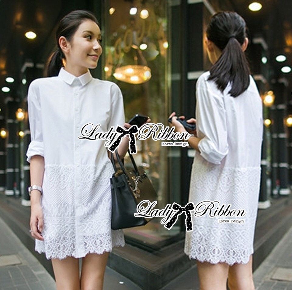 Lady Ribbon's Made 🎀 Lady Vanessa Classic Insert Lace Shirt Dress in White เชิ้ตเดรสตัดต่อผ้าลูกไม้สไตล์คลาสสิก ตัวนี้เป็นแบบคลาสสิกที่ควรมีติดตู้เสื้อผ้า