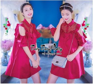 VP04310816 Red Layer Off-Shoulder Short Sleeves MiNi Dress มินิเดรสทรงเชิตสีแดงสวย