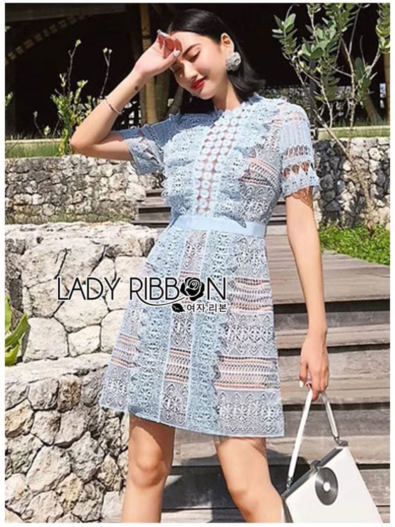 Blue Lace Mini Dress เดรสสั้นผ้าลูกไม้สีฟ้าอ่อนสดใส