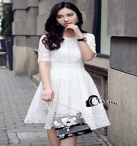 dress ผ้าลูกไม้คอกลมแขนสั้น แต่งแฟชั่นมีซิบหลัง