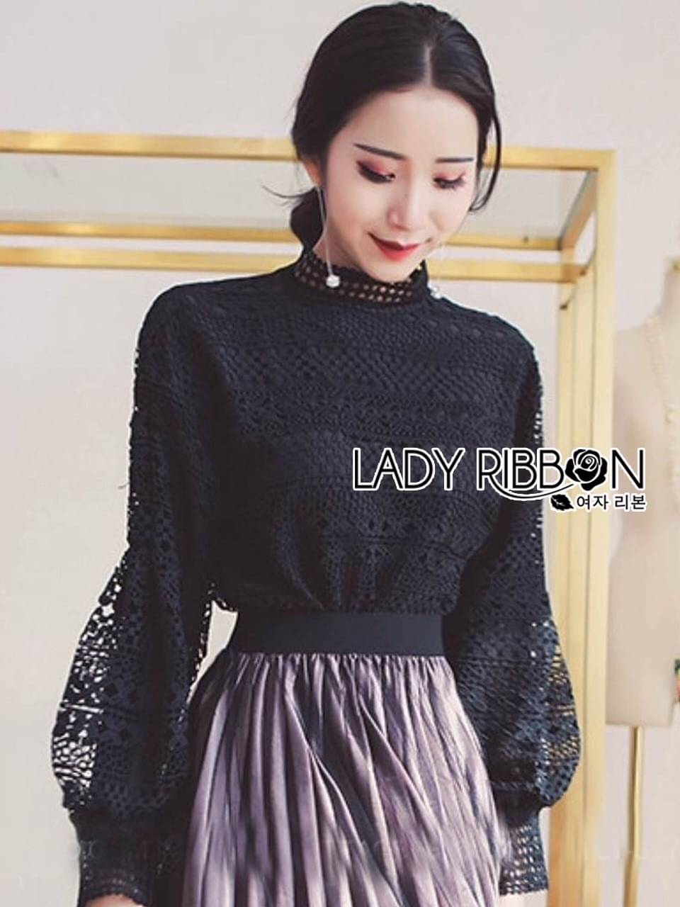 เสื้อผ้าลูกไม้แขนพองทรงคอสูง