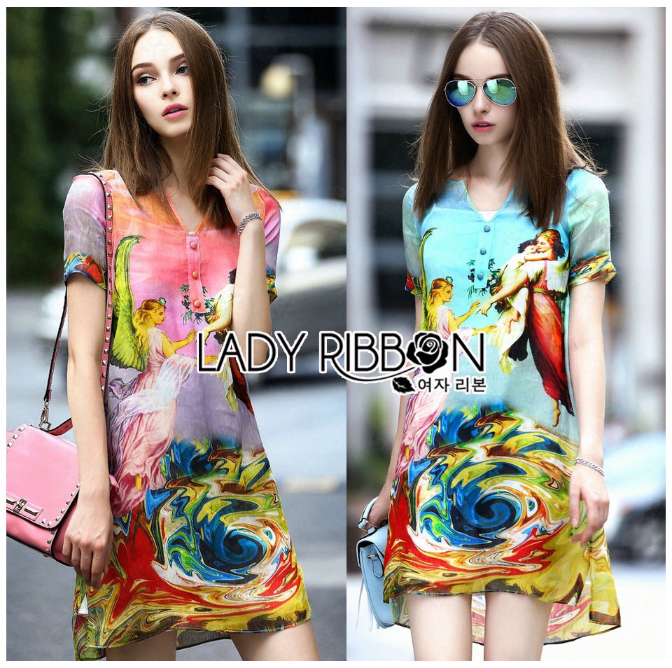 Lady Ribbon's Made lady ribbon dress🎀 Lady Jennifer Casual Vivid Color Mix Printed Chiffon Dress เดรสผ้าชีฟองแขนสันพิมพ์ลาย