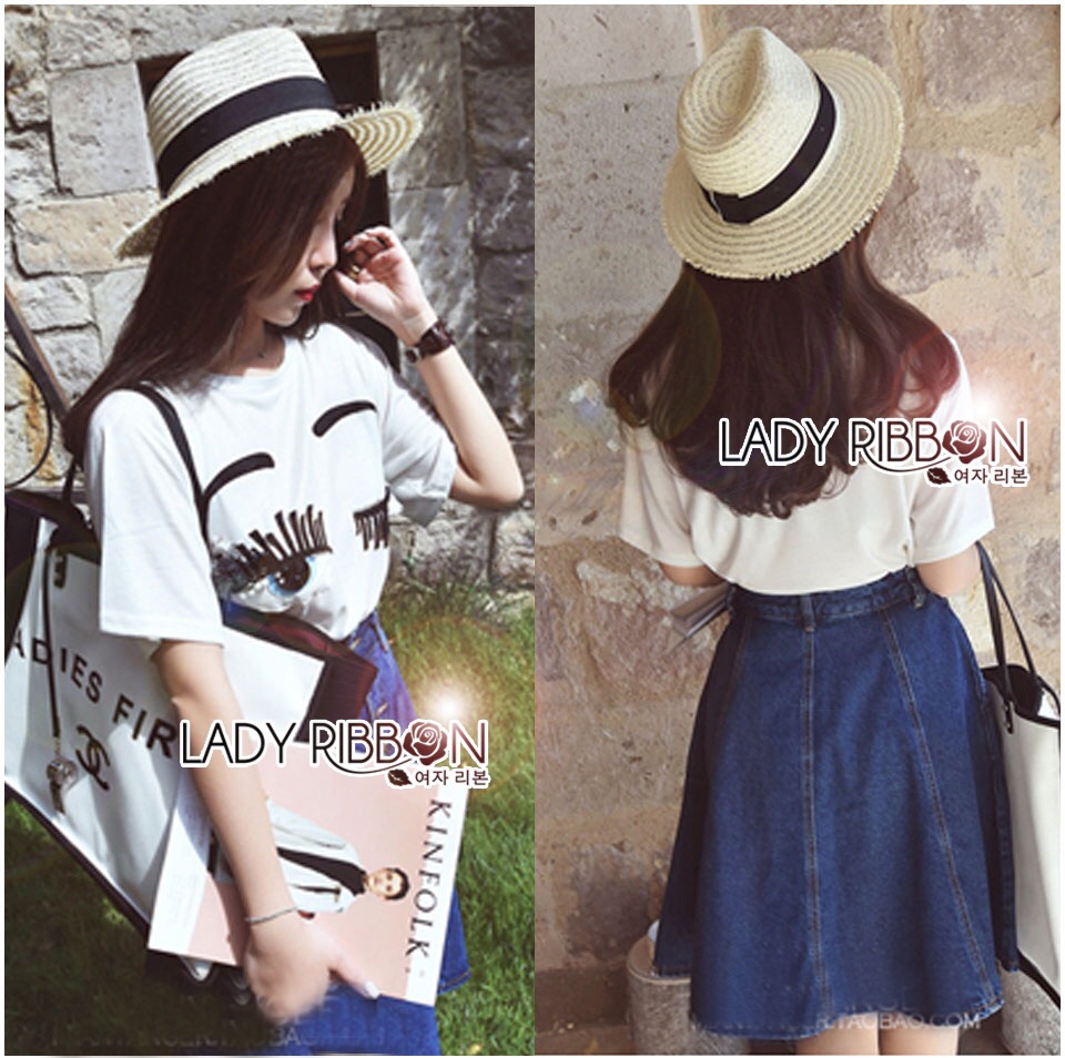แบรนด์Lady Ribbon's Made 🎀 Lady Merium Art Surreal Eye Embroidered T-Shirt and Denim Skirt Set เซ็ตเสื้อยืดสีขาวประดับตกแต่งลายดวงตาและกระโปรงผ้าเดนิมติดกระดุม เซ็ตนี้เหมาะกับสาวที่มีใจรักในศิลปะ ตัวเสื้อเป็นแนวเซอร์เรียล ประดับ