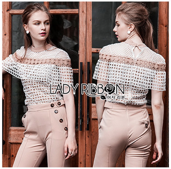 Beige Pants Set Lady Ribbon ขายเซ็ตเสื้อลูกไม้