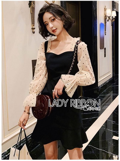 เดรสสีดำตกแต่งระบายตัดต่อแขนชีฟองลายจุด
