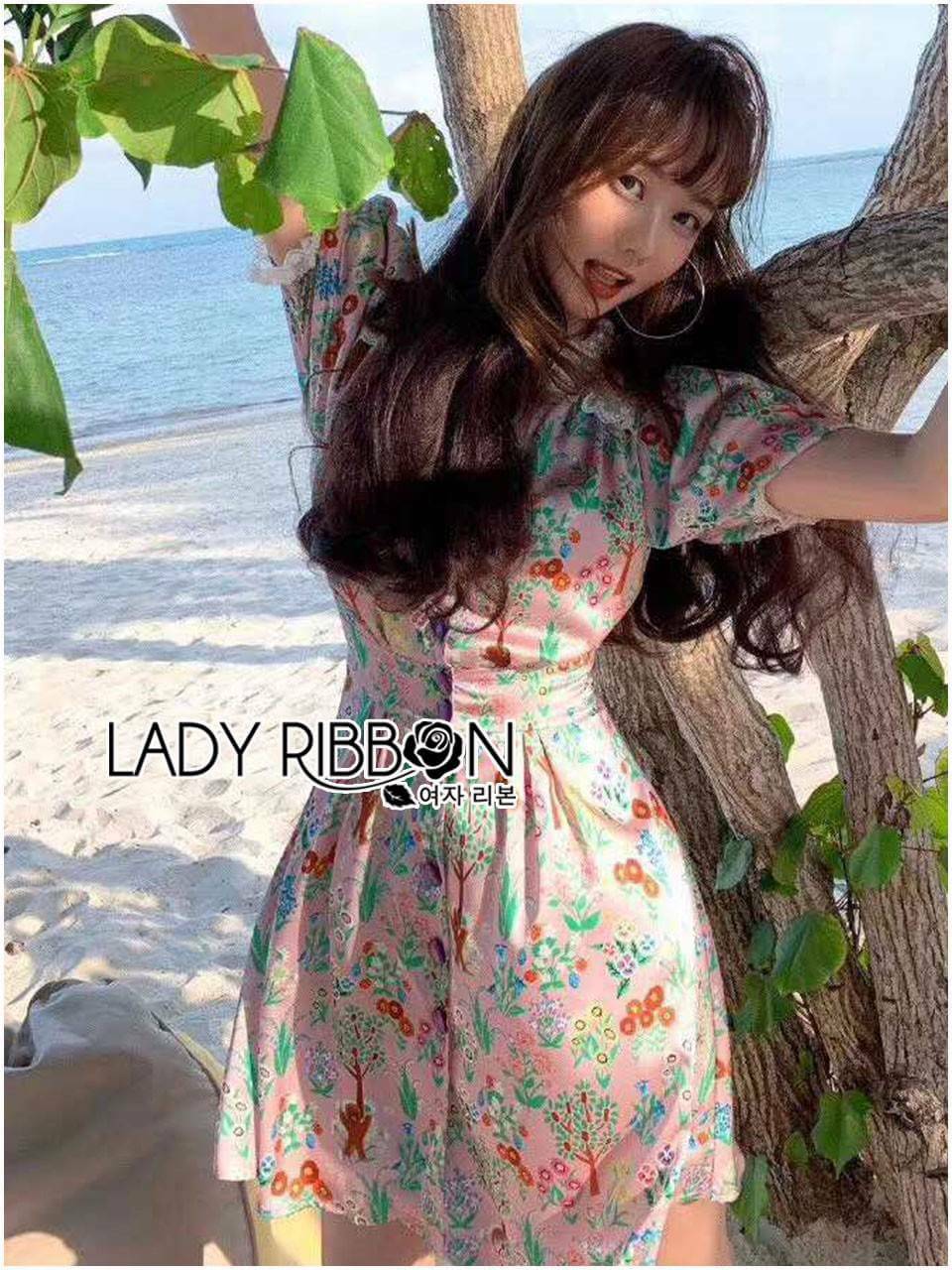 เดรสสั้นผ้าเครปพิมพ์ลายดอกไม้สีสดใส