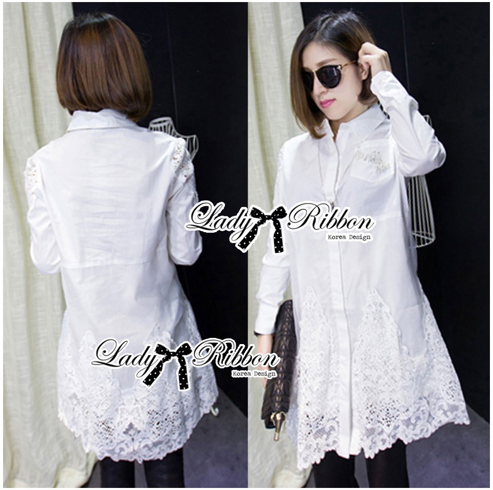 Lady Ribbon Shirt Dress ส่งเสื้อเชิ้ตเดรสขาวปักมุกมีราคาตกแต่งผ้าลูกไม้พร้อมเข็มขัด lady ribbon ตัวนี้เป็นแนวหวาน