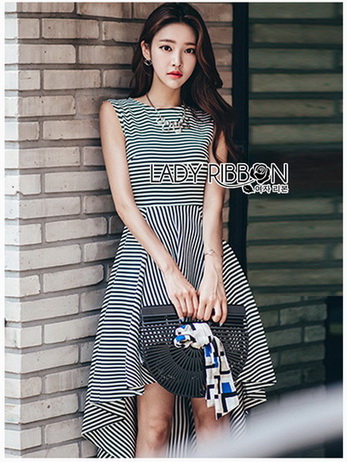 Chic Asymmetric Lady Ribbon Striped Dress