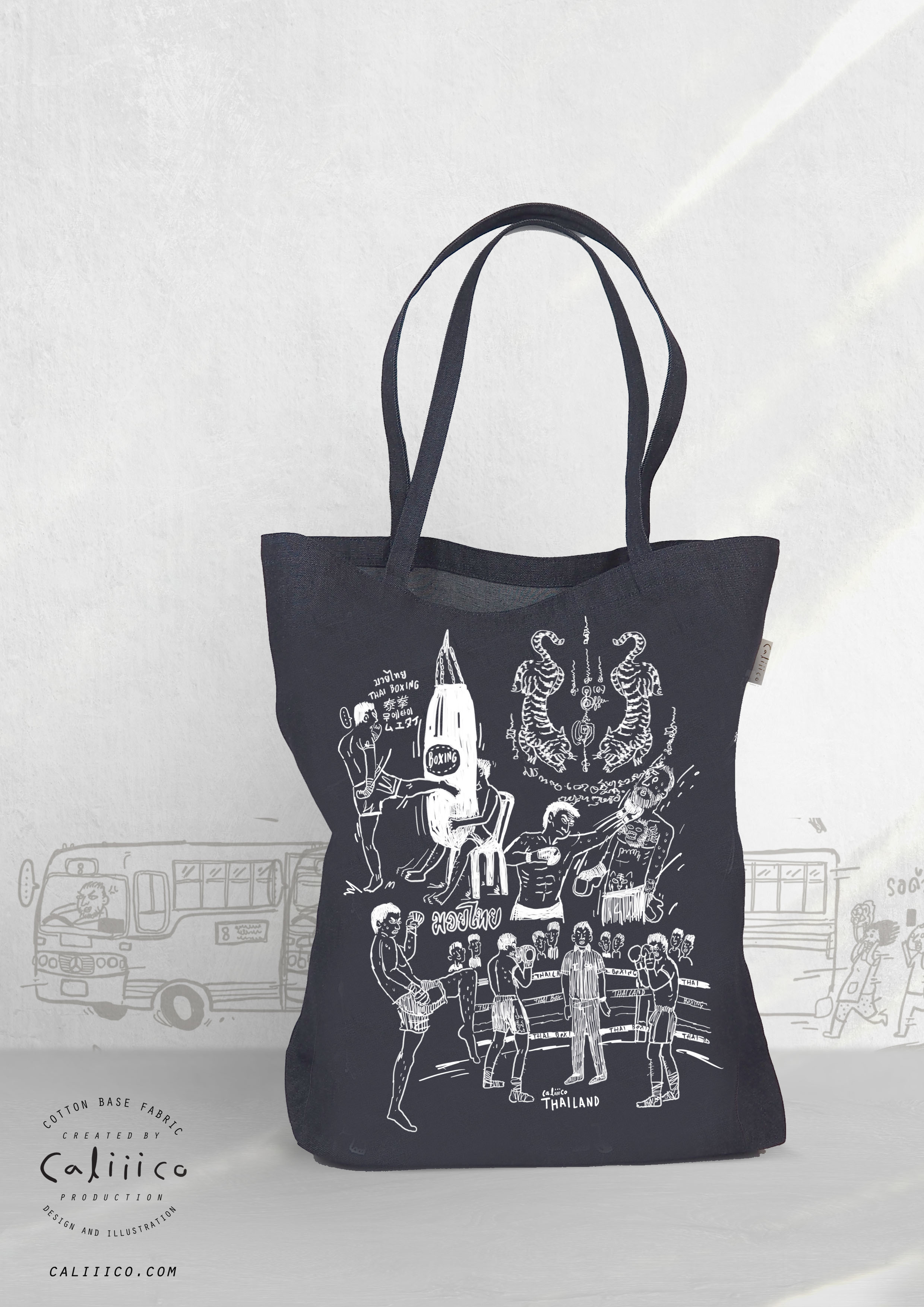 caliiicoกระเป๋าสะพายผ้ายีนส์ ลายไทยแลนด์ Tote denim Thai boxing camp