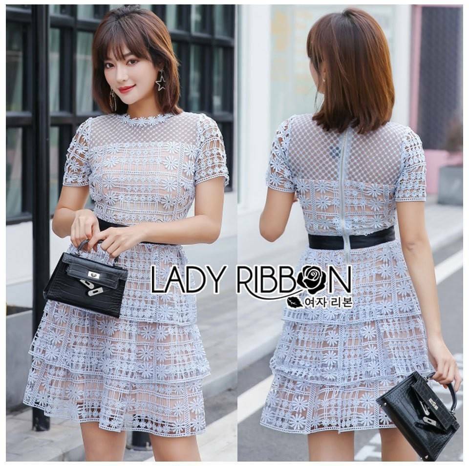 Mini Dress มินิเดรสลูกไม้คอกลมสีฟ้าโทนสโตน
