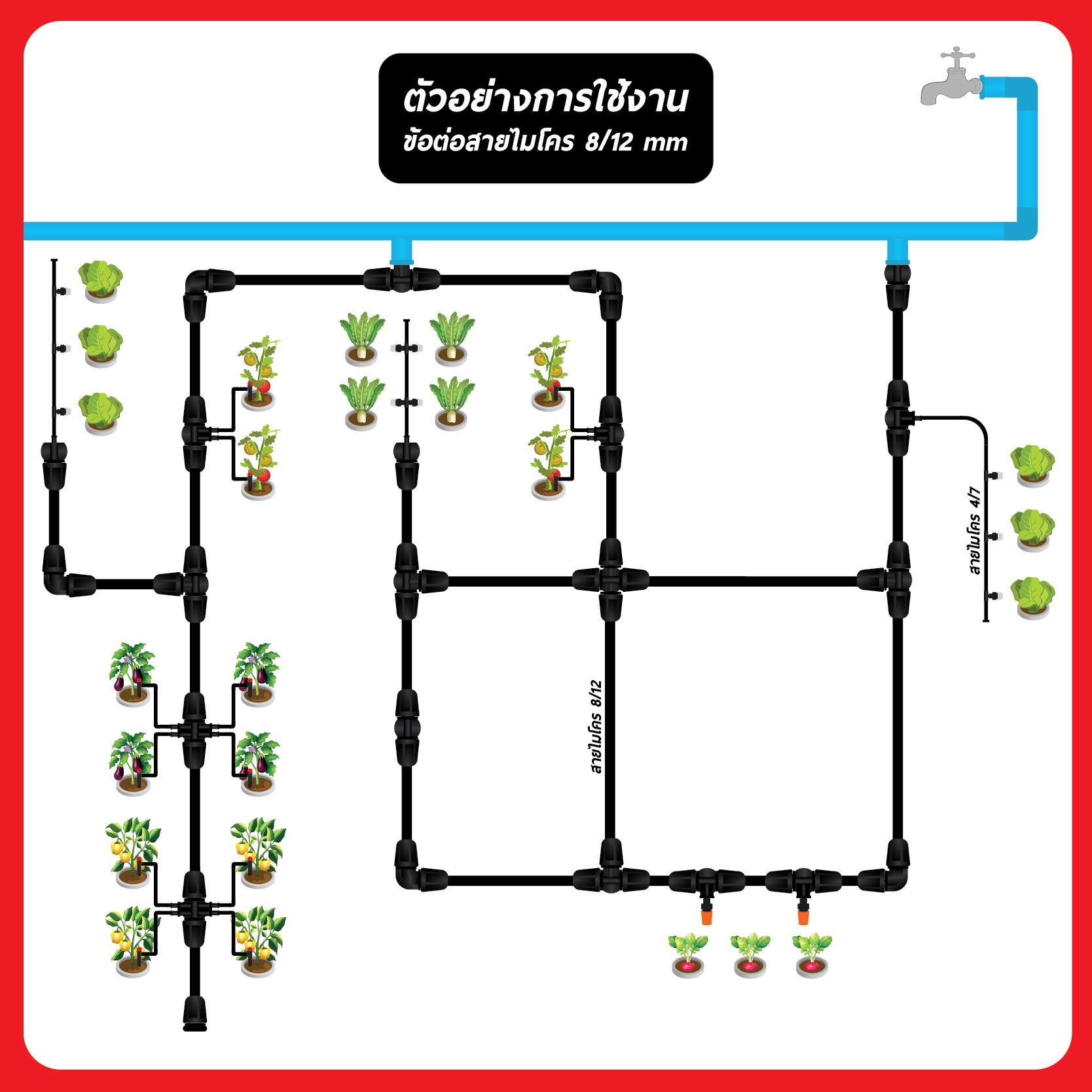 ข้อต่อสายไมโคร พร้อมตัวล็อคสาย 8/12 mm สี่ทาง (แพ็ค 20 ชิ้น)