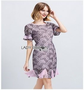 Grey & Pink Lace Dress Lady Ribbon เดรสเทาชมพู