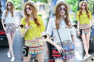 Lady Ribbon Online เสื้อผ้าออนไลน์ขายส่ง Seoul Secret เสื้อผ้า SS17180816 Seoul Secret Say's... Ypzy Chic Lace Blouse Color Shorts Set