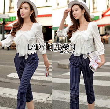 Lady Ribbon Online ขายส่งเสื้อผ้าออนไลน์ ขายส่งของแท้พร้อมส่ง Lady Ribbon LR07250716 🎀 Lady Ribbon's Made 🎀 Lady Natasha Sweet Smart Ribbon and Striped Jumpsuit