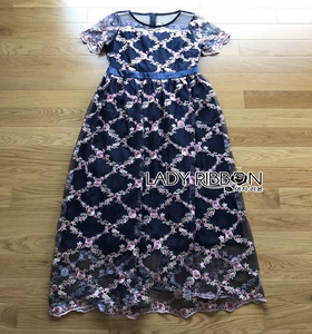 Lady Ribbon Pink Flower Embroidered Navy Tulle Maxi Dress