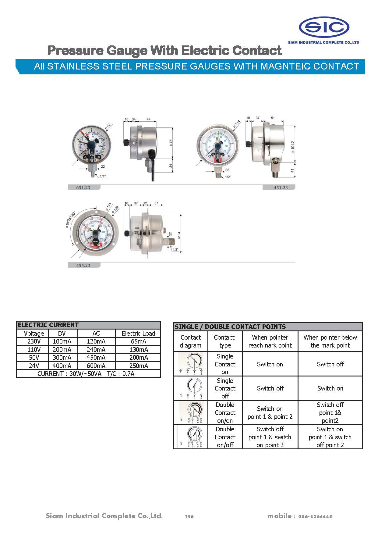 455-2AA Electric Gauge 2 Contract NO/NO เกจคอนแทรคไฟฟ้า , หน้าปัด 4" , เกลียวออกหลังล่าง