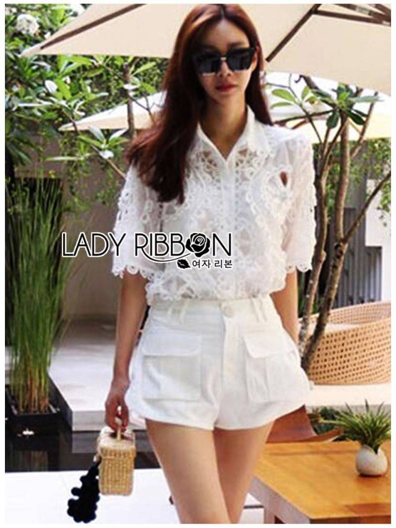 Shirt Jumpsuit เชิ้ตจัมป์สูทขาสั้นผ้าคอตตอนฉลุลาย