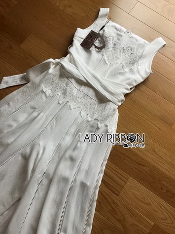 White Cotton and Lace Jumpsuit with Ribbon