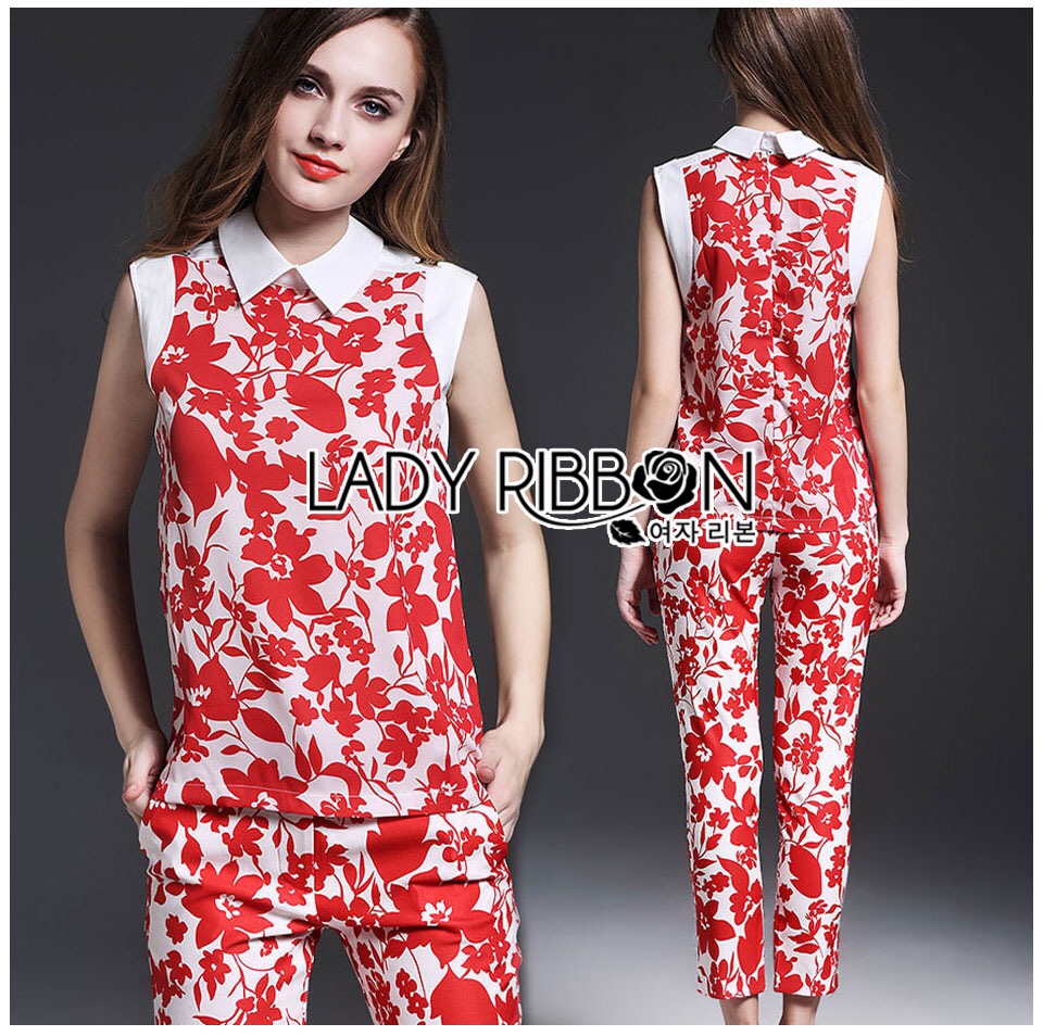 🌹Price เสื้อผ้า : Lady Ribbon LB06160516 🎀 Lady Ribbon's Made 🎀 Lady Kimberley Spring Red Floral Printed Collared Top and Pants Set เ