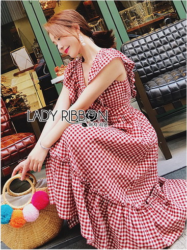 เดรสผ้าคอตตอนลายสก็อตสีแดง