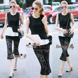 NA04290816 🎉Normal Ally Present smart shirt pleats black and white and lace pant🎉 (เสื้อแต่งพลีท + กางเกงลูกไม้, มีซับในอย่างดี)