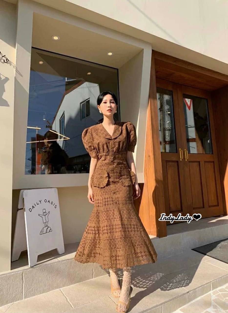 Dress งานลูกไม้ สีน้ำตาล