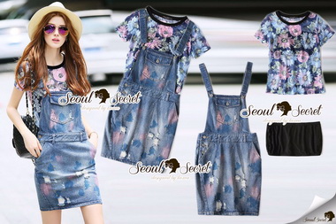 Lady Ribbon Online เสื้อผ้า Seoul Secret SS21300616 Seoul Secret Say's... Chic Stainly Denim Bibby Blossom Blouse Set