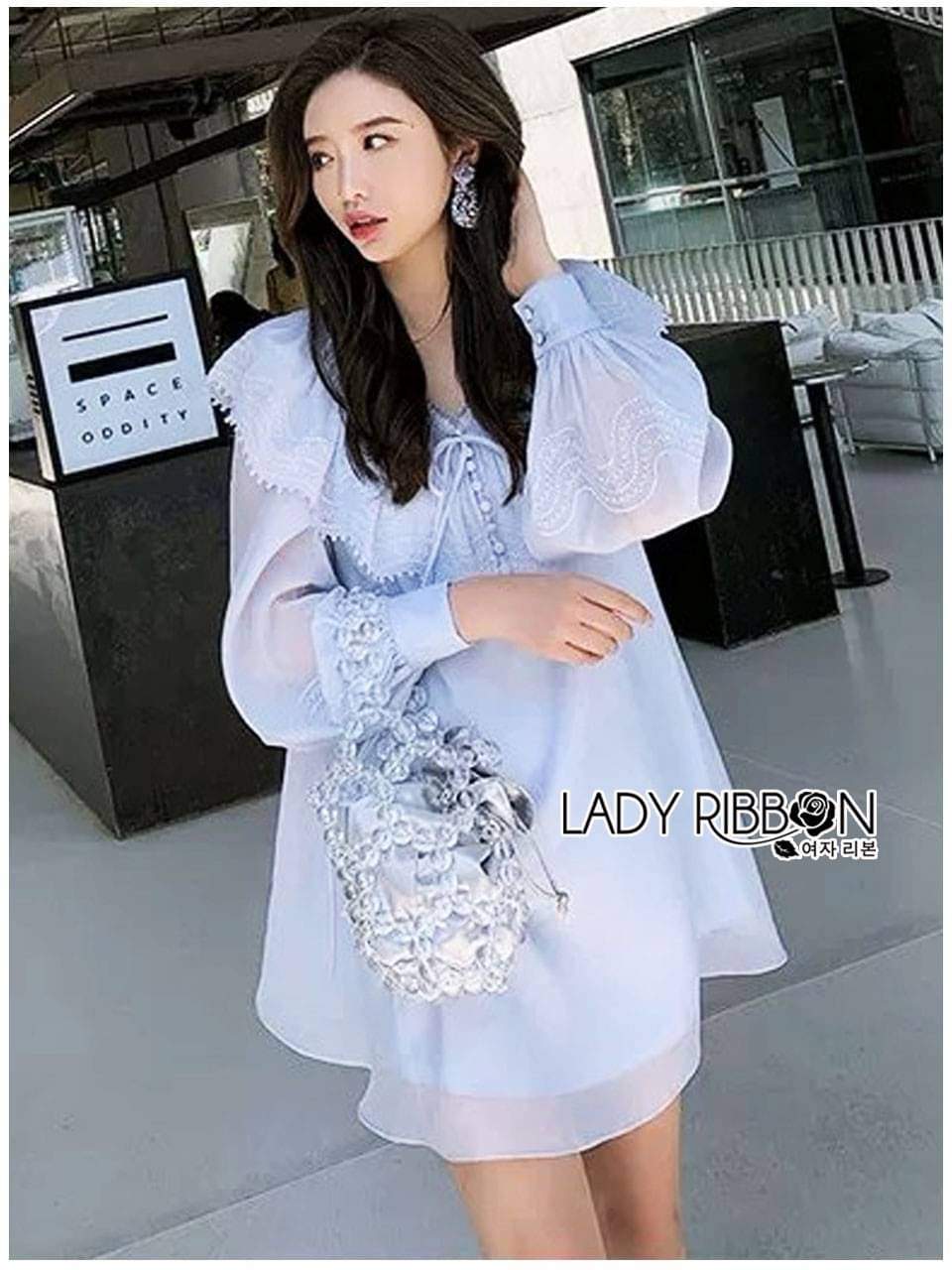 เดรสสั้นเหนือเข่า ผ้าออแกนซ่าสีฟ้า